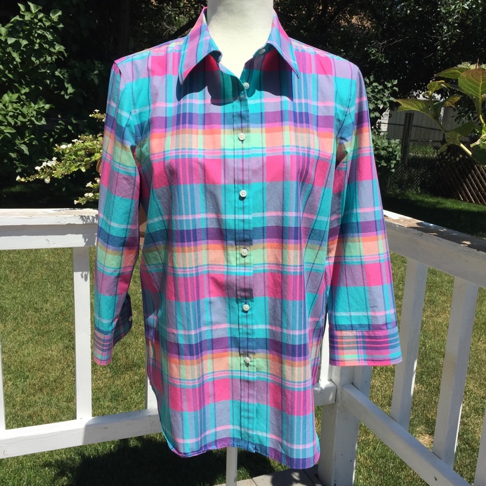 Chaps no- iron plaid Blouse L